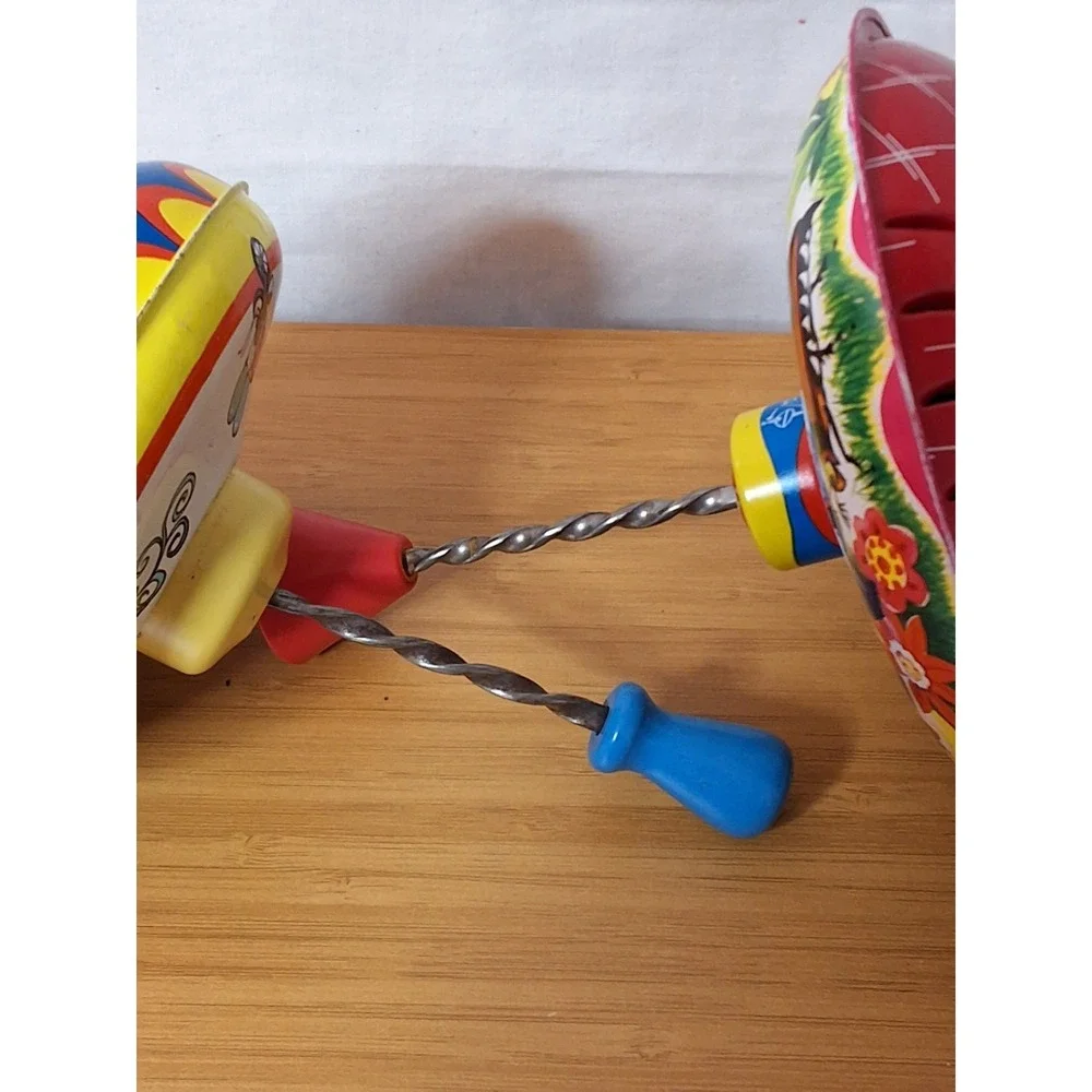 Vintage Pair Of Mechanical Tin Spinning Tops. Vibrant Colors GVC Lot Of 2 WORKS